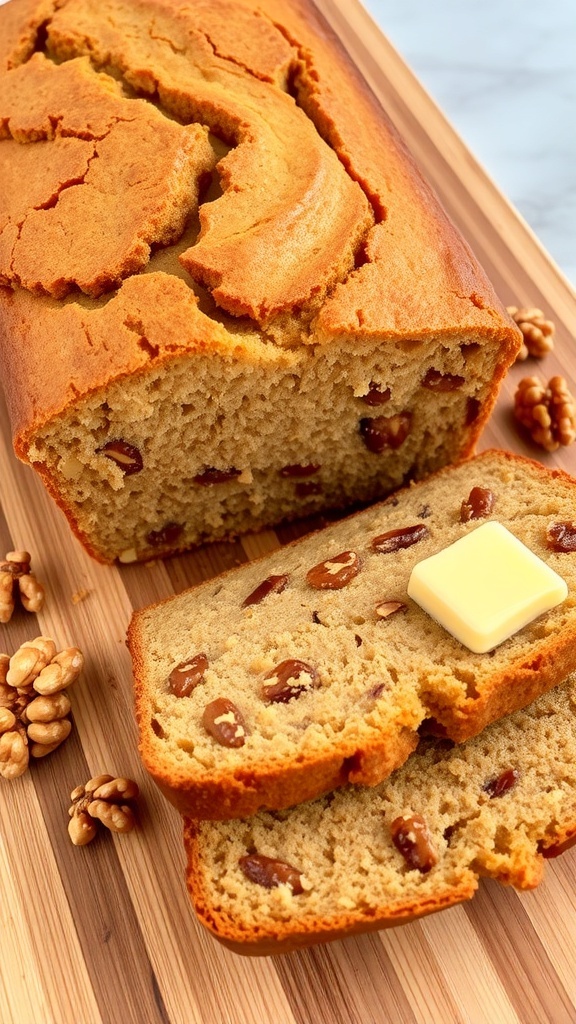 A golden loaf of banana nut bread sliced, showing walnuts and banana inside, on a wooden board with butter.